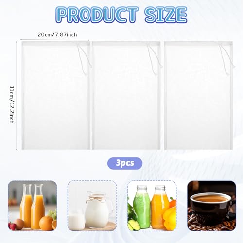 Bewudy 3 Pack Brew Bags, 12.2" x 7.87" Extra Large Reusable Fine Mesh Bag with Adjustable Drawstring, for Home Brewing Hops Grains Fruit Wine Beer Making Brew in a Bag Supplies(12.2" x 7.87")