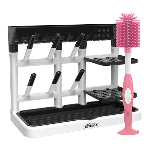 Dr. Brown's Drying Tower, Stand-Up Rack with Soft Touch No Scratch Baby Bottle Cleaning Brush, Pink