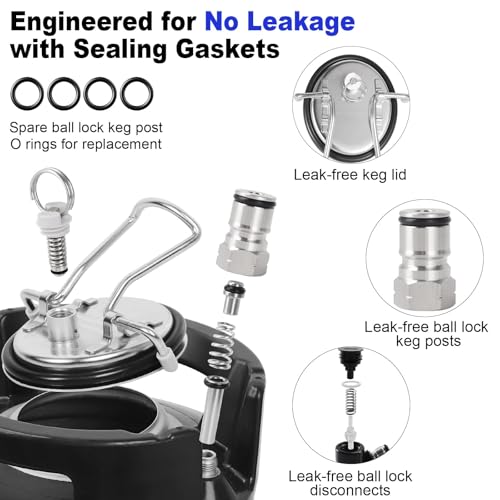 Corny Keg New 2.5 Gallon Ball Lock Keg, 304 Stainless Steel Cornelius Keg Beer Keg with Ball Lock Quick Disconnects & Ball Lock Keg Posts, 2.5 Gallon Keg with Dual Rubber Hanlde for Homebrew
