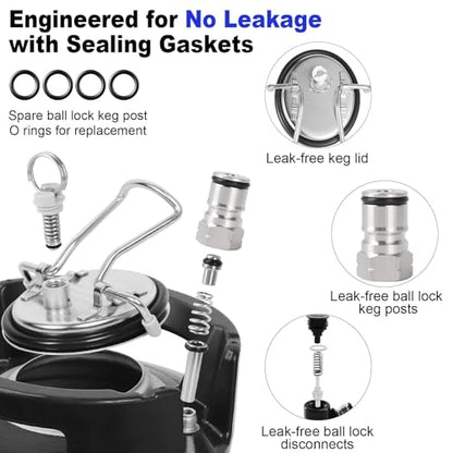 Corny Keg New 2.5 Gallon Ball Lock Keg, 304 Stainless Steel Cornelius Keg Beer Keg with Ball Lock Quick Disconnects & Ball Lock Keg Posts, 2.5 Gallon Keg with Dual Rubber Hanlde for Homebrew