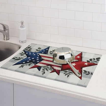 American Flag Stars Microfiber Dish Drying Mat 18x24 Inch - Absorbent Non-Slip & Quick Dry Kitchen Counter Dish Drainer Pad, Rustic Farmhouse Style - color: American Flag Stars1