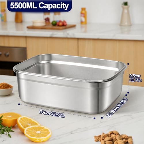 QCQHDU Stainless Steel Food Storage Containers, 5500 ML/ 186 oz / 23 Cup Large Food Storage Meal Prep Containers with Airtight Lids for Roasting Turkey, Chicken, Baking Casserole, Fruits, Party