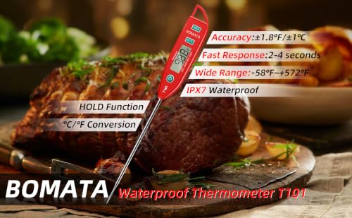 BOMATA Waterproof IPX7 Thermometer for Water, Liquid, Candle and Cooking. Instant Read Food Thermometer with Long Probe for Cooking, Meat, BBQ! T101 (Red Color)……… - color: Red