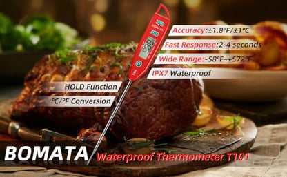 BOMATA Waterproof IPX7 Thermometer for Water, Liquid, Candle and Cooking. Instant Read Food Thermometer with Long Probe for Cooking, Meat, BBQ! T101 (Red Color)……… - color: Red