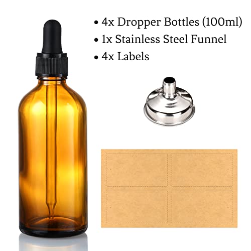 AOZITA 4 Pack, 100ml Dropper Bottles with 1 Funnel & 4 Labels - Essential Oils Bottles for Health, Personal Care & Beauty - 3.4oz Thick Dark Amber Glass Tincture Bottle with Eye Droppers, Leakproof - style: Blank Dropper