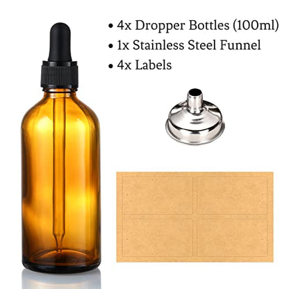 AOZITA 4 Pack, 100ml Dropper Bottles with 1 Funnel & 4 Labels - Essential Oils Bottles for Health, Personal Care & Beauty - 3.4oz Thick Dark Amber Glass Tincture Bottle with Eye Droppers, Leakproof - style: Blank Dropper