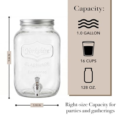 Circleware Sun Tea Mini Mason Jar Glass Beverage Dispenser with Metal Lid, Glassware For Water, Juice, Beer, Wine, Liquor, Kombucha Iced Punch & Best Cold Drinks, Classic Yorkshire 1 Gallon
