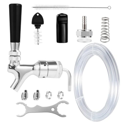 Ferroday Beer Faucet Beer Line Shank Faucet Kit, Kegerator Parts Beer Tower Replacement Kit with Self-Closing Spring Beer Tap, 5 Ft 3/16" Beer Line Tubing Keg Coupler Barb Wrench Clamp Brush Cover