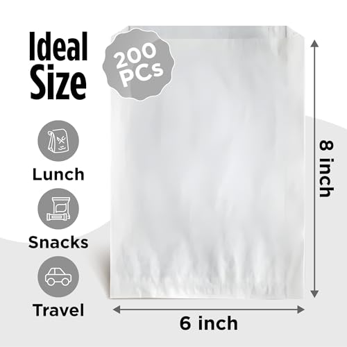 White Paper Sandwich Style Bags (200) 6"x 1"x 8" Dry Wax Grease Resistant Bags. Perfect for Sandwiches, Cookies, Pastries, Take Out, and Gifts - color: White