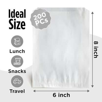 White Paper Sandwich Style Bags (200) 6"x 1"x 8" Dry Wax Grease Resistant Bags. Perfect for Sandwiches, Cookies, Pastries, Take Out, and Gifts - color: White