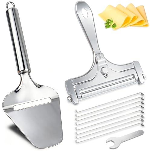 2 Pack Cheese Slicers, AIDOIT Stainless Steel Wire Cheese Slicer with Cheese Plane Tool, Adjustable Thickness Cheese Cutter with 8 Extra Wires for Soft, Semi-Hard, Hard Cheeses - color: Silver-a