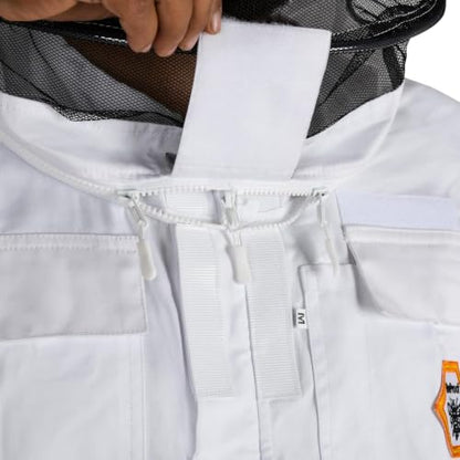 Beekeeping Jacket with Round Veil - Breathable Cotton Beekeeper Suit with YKK Zippers & Protective Hood (BP-102-White)-L - color: White Round Veil, size: Large