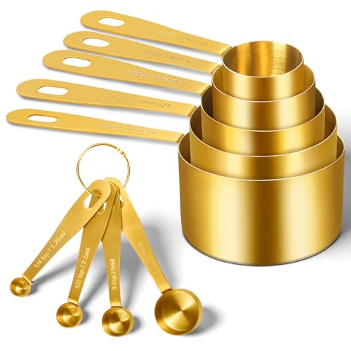 Gold Measuring Cups and Spoons, Set of 9, Including 4 Measuring Spoons, 5 Measuring Cups, Stainless Steel Kitchen Gadgets for Liquid & Dry Ingredients - size: Set of 9