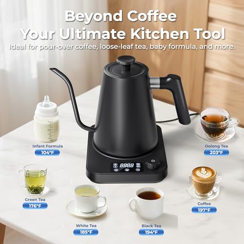 Gooseneck Electric Kettle, ±1°F Temperature Control Electric Kettle, 1.0L 1200W Fast Heating, 24H Keep Warm, 30Min Auto Memory, Food Grade Stainless Steel, Pour Over Kettle for Coffee and Tea