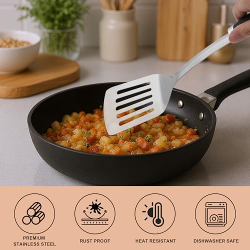 3 Piece Stainless Steel Cooking Utensils Set, Metal Slotted Spoon, Slotted Turner Spatula and Skimmer Set for Cooking, Frying, Serving, Dishwasher Safe - color: B-Silver Cooking Utensils