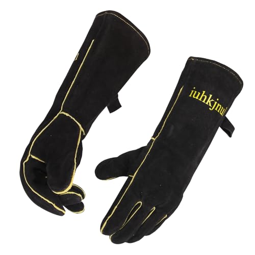 Fireplace Gloves Fire Heat Resistant: Fireproof Leather for Fireplace Fire Pit Wood Stove Campfire Furnace (L) - color: Black, size: Large