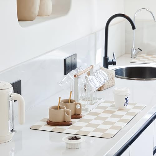 Ohocut Checkered Dish Drying Mat for Kitchen Counter, Coffee Bar Station Accessories, Retro Cute Aesthetic Modern Absorbent Drainer Mat Kitchen Drying Mat Easy Clean, Beige 12" x 19" - color: Beige, size: 19" x 12"