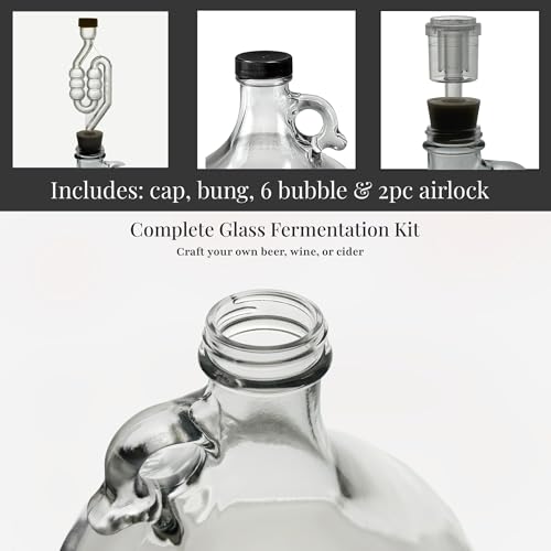 North Mountain Supply 1 Gallon Glass Fermenting Jug with Handle, Size 6.5 Rubber Stopper, 6 Bubble Airlock, 2 Piece Airlock, Black Plastic Lid, Set of 2