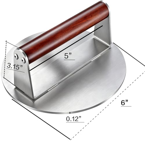 Heavy Duty 1.5 lb Stainless Steel Burger Press – 6 Inch Smash Burger Press for Hamburger, Bacon, Steak & Meat, Smooth Polished Base Grill Press with Wooden Handle for Flat Top Grill & BBQ - color: 6 inches-silver