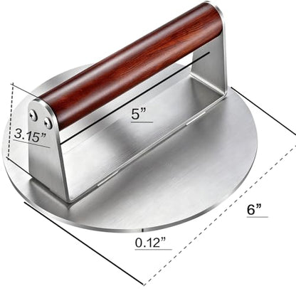 Heavy Duty 1.5 lb Stainless Steel Burger Press – 6 Inch Smash Burger Press for Hamburger, Bacon, Steak & Meat, Smooth Polished Base Grill Press with Wooden Handle for Flat Top Grill & BBQ - color: 6 inches-silver