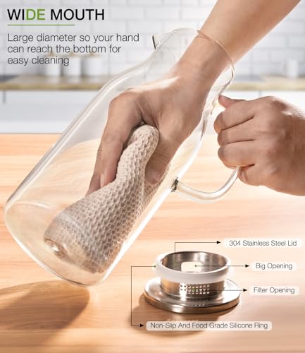 LUNA&MANTHA Glass Pitcher, 2 Liter 68oz Water Pitcher with Lid and Spout, Large Ice Tea Jug for Fridge, Thick Drink Jug with Handle for Juice, Coffee, Borosilicate Glass Carafe Hot/Cold Beverage - color: 68oz