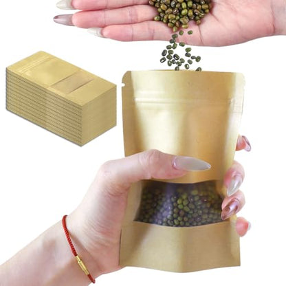 100 PCS Small Resealable Bags, Mini Stand Up Kraft Paper Bags with Matte Window, Zipper Lock Food Storage Bags for Small Business and Home, 3.5x5.5 Inch Reusable Sealable Bags for Packaging - color: Yellow,3.54*5.51 inches