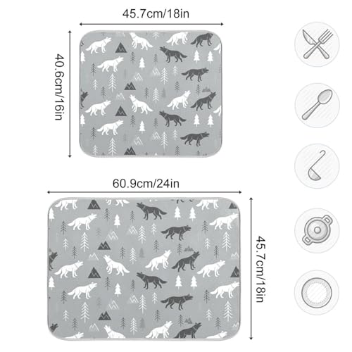 Wolves Tree Gray Dish Drying Mat for Kitchen Counter Super Absorbent Draining Mat with Non-slip Backed Dish Rack Pad for Draining Racks Countertops Sinks Dish Bottles Cups Bowl
