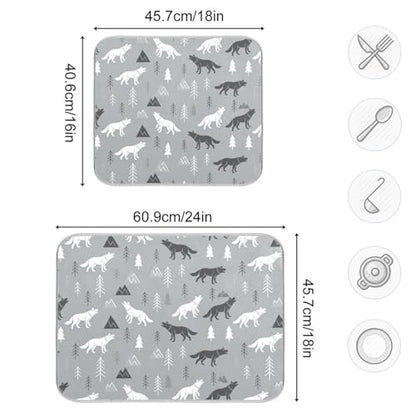 Wolves Tree Gray Dish Drying Mat for Kitchen Counter Super Absorbent Draining Mat with Non-slip Backed Dish Rack Pad for Draining Racks Countertops Sinks Dish Bottles Cups Bowl