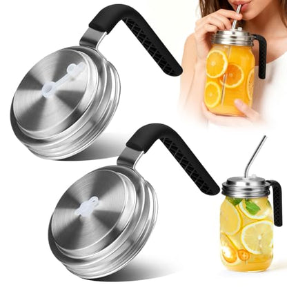 Palksky Mason Jar Lids with Straw Hole Wide Mouth, Stainless Steel Drinking Lid with Handle & Silicone Rings, Spill-Resistant Mason Jar Straw Lid for Iced Coffee, Juice, Lemonade (2 Packs) - style: Wide Mouth Lids with Straw Hole & Handle 2 Packs