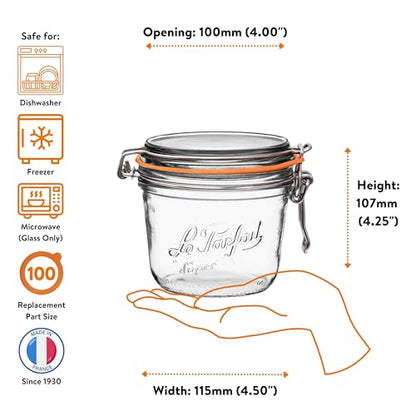 Le Parfait Super Terrine 500mL (16oz) Zero Waste Eco-Friendly Glass Canning Jars, Airtight Rubber Seal & Wire Bail Lid, BPA-Free, Water Bath Safe for Food Storage & Preserving, Made in France, 4PK - color: 500ml (Set/4)