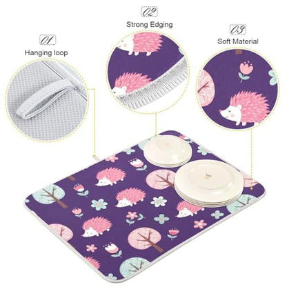 Hedgehog Flower Trees Purple Dish Drying Mat for Kitchen Counter Super Absorbent Draining Mat with Non-slip Backed Dish Rack Pad for Sinks Countertops Draining Racks Dish Bottles Cups Bowl