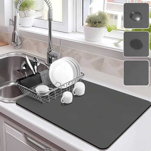 Drying Mat for Kitchen Countertops, Coffee Mat Hide Stain Rubber Backed Absorbent Dish Drying Mat - color: Dark Gray, size: 16" x 24"