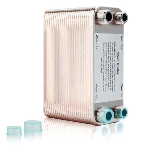 Wort Chiller 50 Plates, Brazed Plate Copper Heat Exchanger for Homebrew, Stainless Steel 7.5" x 2.9" Plate, 1/2 & 3/4 NPT Thread Connection Hot Liquid Accelerated Cooler Quick Beer Cooling System