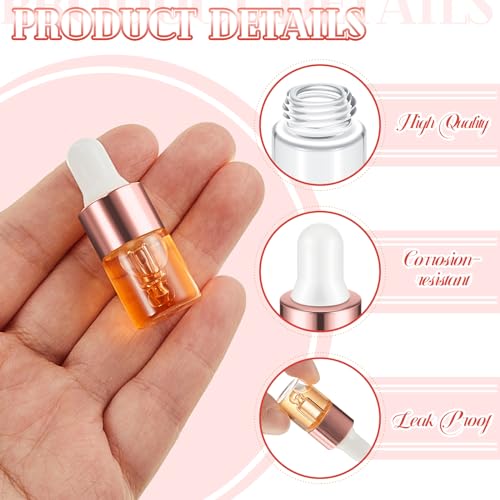 Didaey 100 Pcs 1/2/3/5/10/15 ml Mini Glass Oil Dropper Bottle Bulk, Clear Essential Small Empty Bottles Sample Containers Perfume Liquid Vials with Cap for Traveling (2 ml,Rose Gold) - color: Rose Gold, size: 2 ml