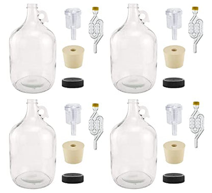 North Mountain Supply 1 Gallon Glass Fermenting Jug with Handle, 6.5 Rubber Stopper, 6-Bubble Airlock, 2-Piece Airlock & Black Plastic Lid - Set of 4