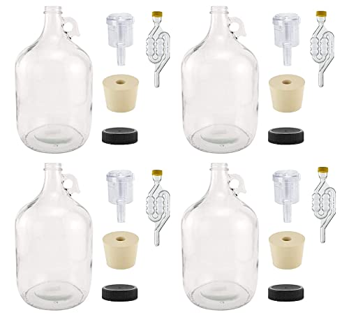 North Mountain Supply 1 Gallon Glass Fermenting Jug with Handle, 6.5 Rubber Stopper, 6-Bubble Airlock, 2-Piece Airlock & Black Plastic Lid - Set of 4