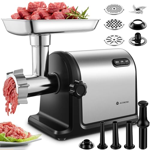 AAOBOSI Heavy Duty Stainless Steel Meat Grinder | 3000W Max | 3 Plates | 3 Sausage Stuffers | Stainless Steel Blade | Kubbe Maker | One-Button Control - color: Silver+Black