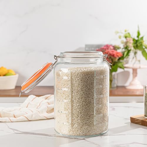 kitchentoolz 1 Gallon Glass Jar with Hinged Clamp-Top Lid – Premium Locking Mason Jar – Airtight Rubber Gasket, Wide Mouth – For Canning, Pickling, Fermenting – Measurement Markings – 1 Pack