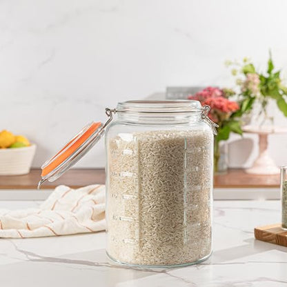 kitchentoolz 1 Gallon Glass Jar with Hinged Clamp-Top Lid – Premium Locking Mason Jar – Airtight Rubber Gasket, Wide Mouth – For Canning, Pickling, Fermenting – Measurement Markings – 1 Pack