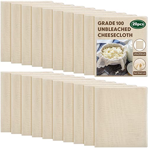 Chumia 20 Pcs 20x20 Inch Cheese Cloths for Straining Grade 100 Cheesecloth Reusable Muslin Cloth for Straining Unbleached Cotton Cheese Cloth Bulk for Baking, Juicing, Cheese Making