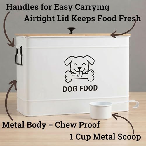 Dog Food Container Airtight 15 lb (50 Cup) Capacity with Metal Scoop - Cute Airtight Dog Food Storage Container with Bamboo Lid - White Metal Kibble Storage Bin for Dogs up to 100 lbs - Big Pet Jar - color: White