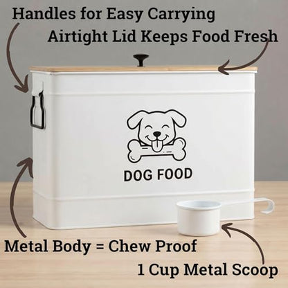 Dog Food Container Airtight 15 lb (50 Cup) Capacity with Metal Scoop - Cute Airtight Dog Food Storage Container with Bamboo Lid - White Metal Kibble Storage Bin for Dogs up to 100 lbs - Big Pet Jar - color: White