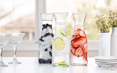 Kook Glass Carafe, Mimosa Bar Supplies, Carafe Pitchers with Lid, Glass Water Pitcher, Drink Dispensers for Parties, Tea, Wine, and Juice, Plastic Lids, Dishwasher Safe, 35 oz (set of 4) - color: Set of 4, 1 Liter