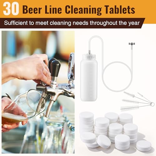 Kegerator Cleaning Kit, Beer Line Cleaner with 30 Cleaning Tablets, Keg Cleaner Kit - Metal Coupler Hose, Squeeze Bottle, Wrench, Detailed Instructions & Brewage Tap Brush, Beer Line Clean