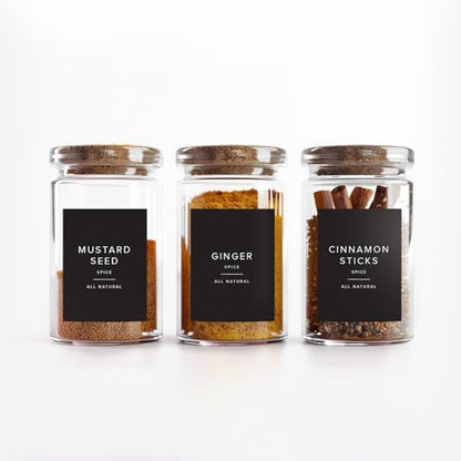 230 Black Spice Labels by ThreeKin | Waterproof & Oil-Resistant Pre-Printed Stickers for Spice Jars | Durable, BPA-Free Seasoning Labels | Easy-Clean, No-Residue Design | Proudly Female & USA Owned - color: Black