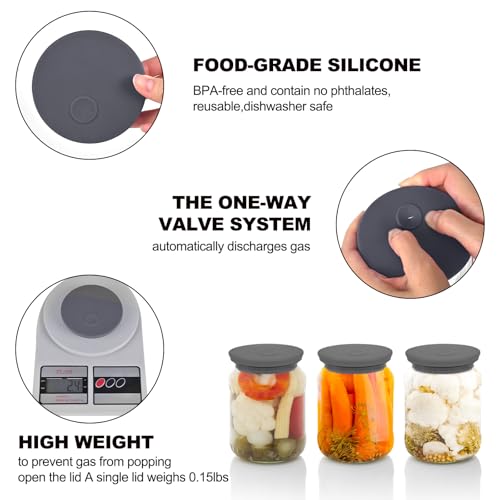 Silicone Fermenting Lids Waterless Airlock Fermentation Tops Wide Mouth Mason Jar Lid Fermenter Caps for Pickles, Kimchi, and Fermented Probiotic Food 3 Pack Grey (Jars Not Included) - color: Grey