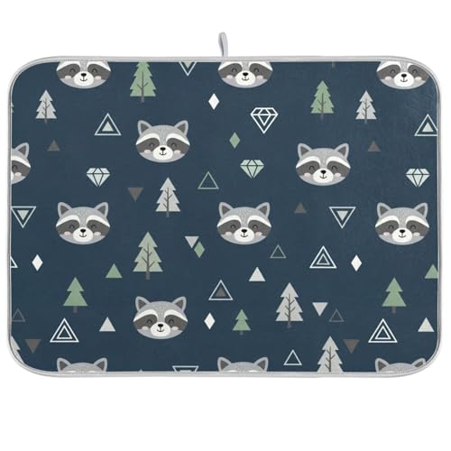 Winter Raccoon Tree Blue Dish Drying Mat for Kitchen Counter Super Absorbent Draining Mat with Non-slip Backed Dish Drying Pad for Countertops Sinks Draining Racks Dish Bottles Cups Bowl