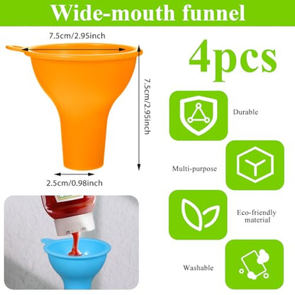 Silicone Funnels, 4 PCS Wide Mouth Funnel Kitchen Funnel Set Flexible Condiment Sauce Canning Set Flexible for Home Restaurant Squeeze Bottles Spice Filling Bottles Liquid Oil (3 x 1 Inch, Multicolor)