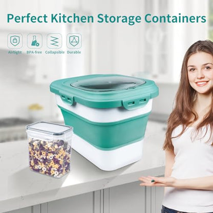 Komzon Rice Storage Container, Collapsible Airtight Food Storage Containers 6-20 Lbs, Rice Dispenser with Measuring Cup and Small Bin for Flour Cereal Pasta Grain, Cat Pet Dog Bird Food Container - color: Green