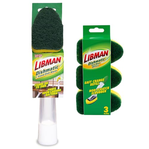 Libman Dishmatic I-Stand Dish Wand Kit, Kitchen Cleaning Scrub Brush with Handle and Soap Dispenser for Scrubbing and Washing Dishes, Refillable Standing Dispensing Scrubber Brushes, 3 Sponge Refills - style: Dish Wand Kit